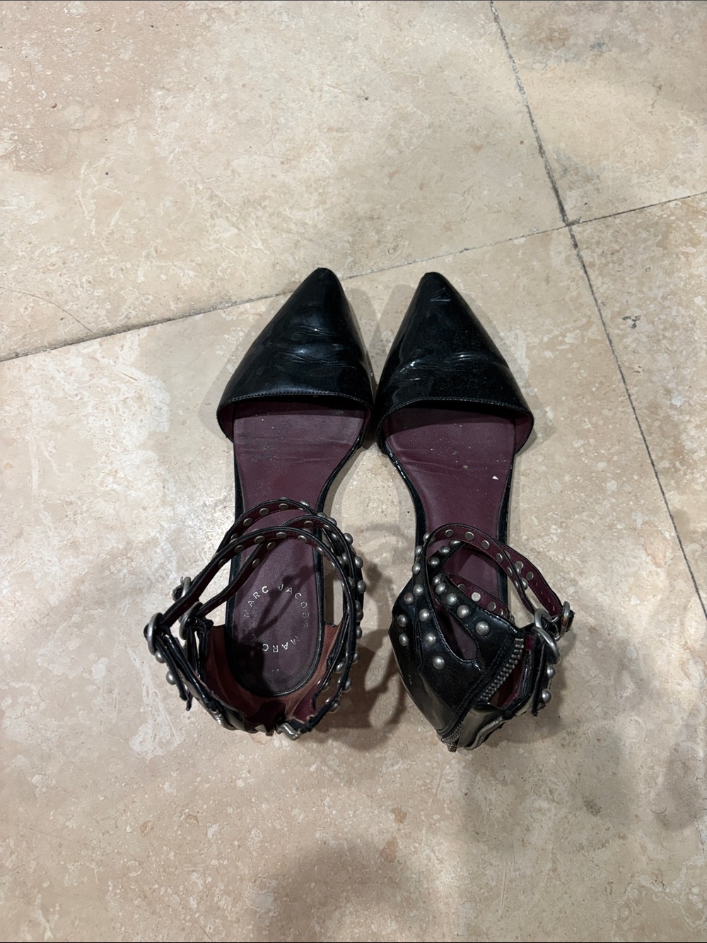Marc Jacobs Black Pointed Toe Studded Ankle Strap Flats with Burgundy Insole